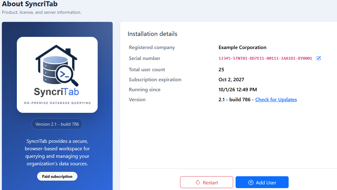 The About SyncriTab page with installation details, the Check for Updates link, and the Restart button.