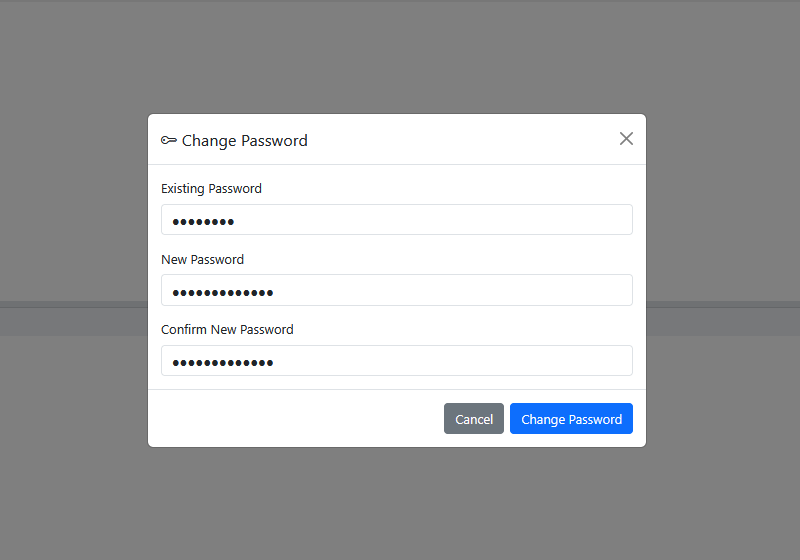 The Change Password dialog with the Existing Password, New Password, and Confirm New Password fields.