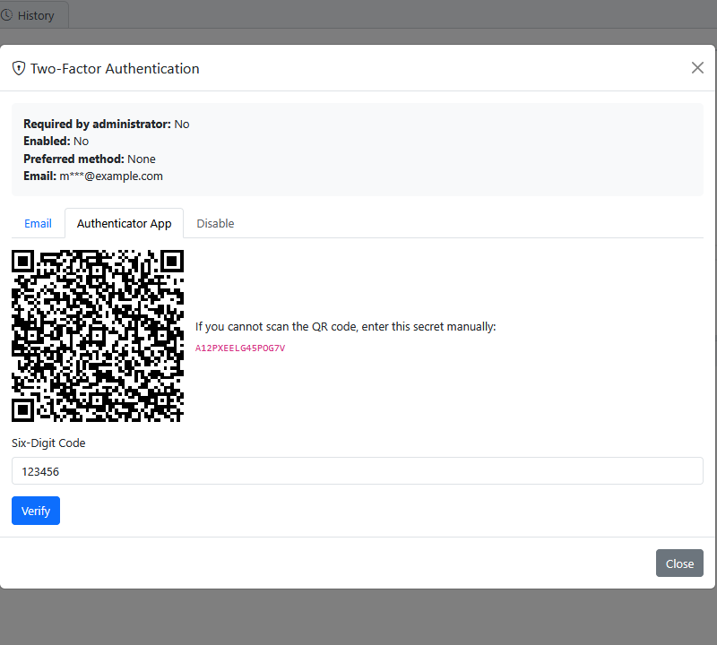 The Authenticator App tab of the Two-Factor Authentication dialog, with a QR code, the secret to type in manually, and the Six-Digit Code field.