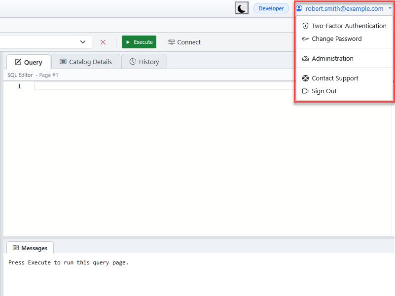 The user menu open in the upper-right corner, with Two-Factor Authentication, Change Password, Contact Support, and Sign Out.