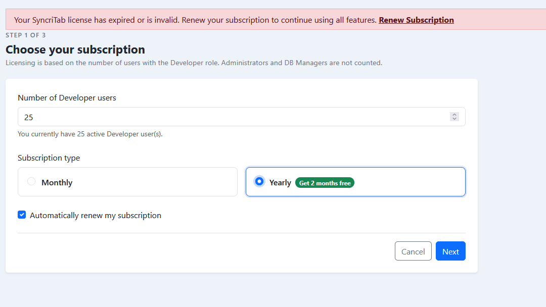 Step 1 of the purchase: the Number of Developer users box, the Monthly and Yearly options with the Get 2 months free badge, and the automatic renewal check box.