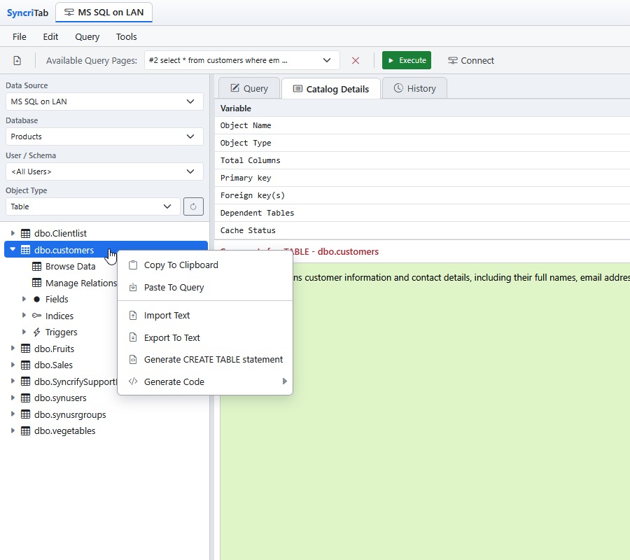 The right-click menu for a table in the catalog.