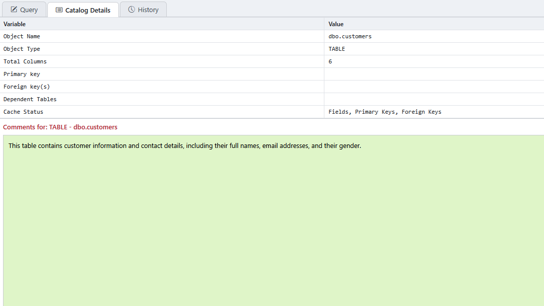 The Catalog Details tab showing object properties and a comments box.
