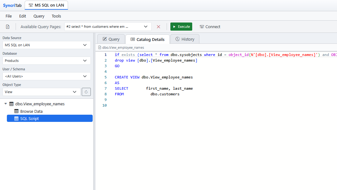 The Catalog Details tab showing the source code of a stored procedure.