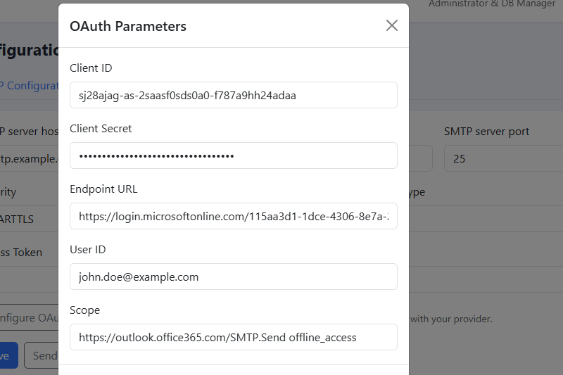 The OAuth settings dialog for the SMTP server.