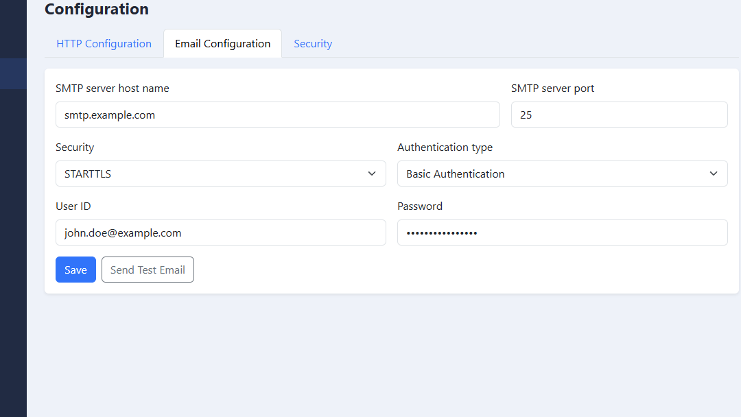 The Email Configuration tab with SMTP server settings and Basic Authentication selected.