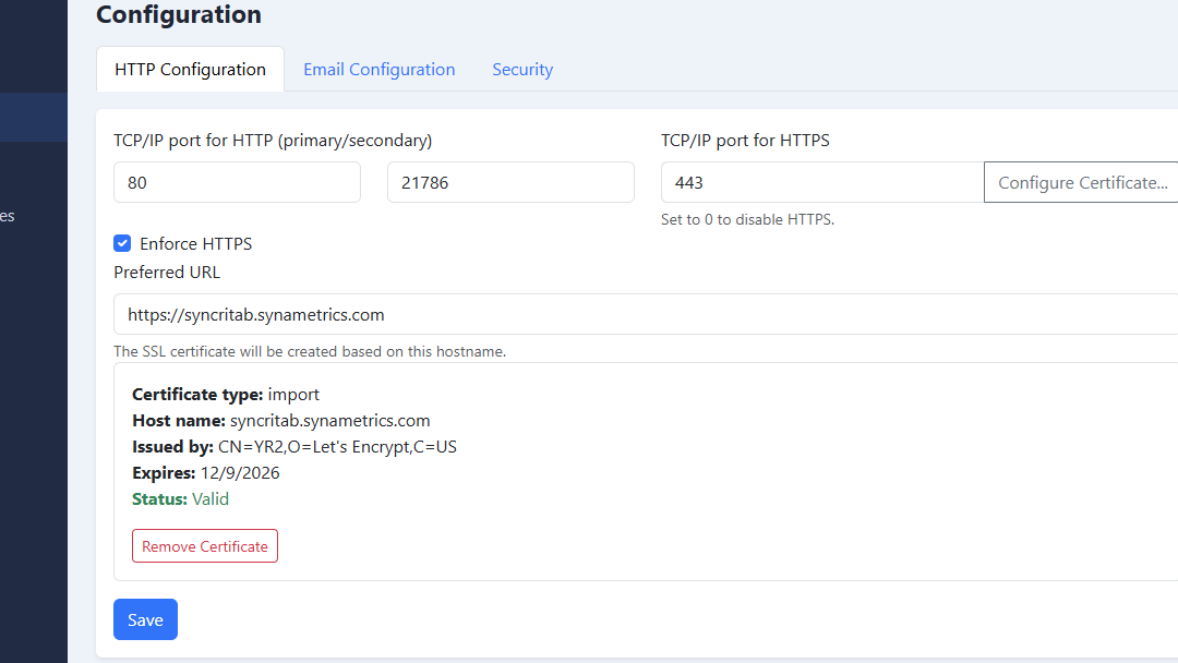 The HTTP Configuration tab on the Configuration page.