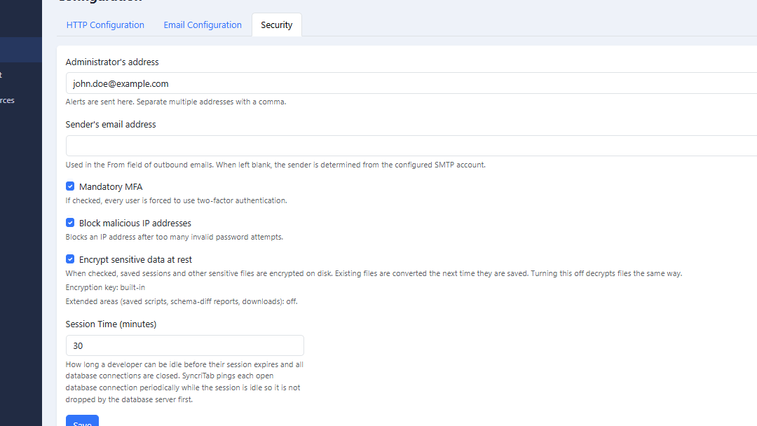 The Security tab with administrator email, MFA, IP blocking, encryption, and session timeout settings.