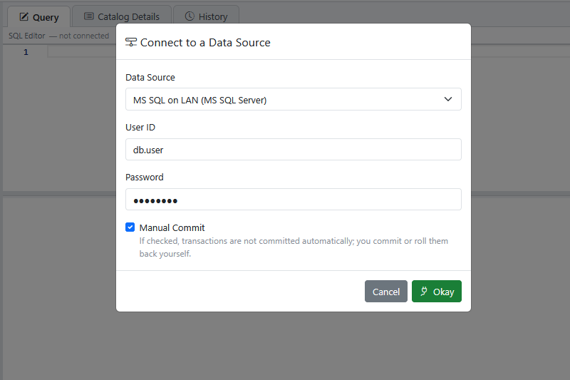 The Connect to a Data Source dialog with a data source selected and a database user name and password filled in.