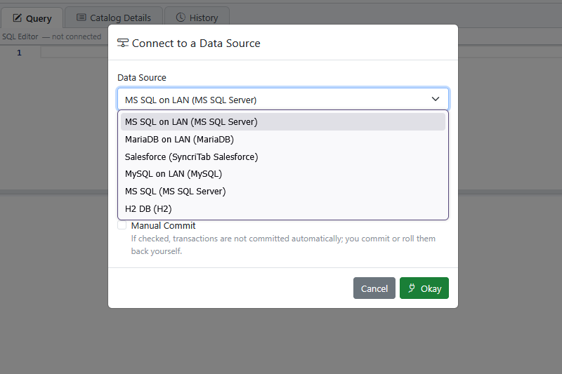 The Connect to a Data Source dialog listing the data sources you can use.