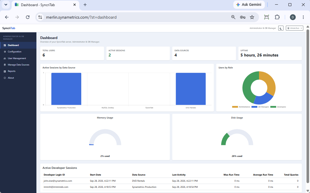 The Dashboard with summary cards, charts for active sessions by data source, users by role, memory usage, and disk usage, and the Active Developer Sessions table.