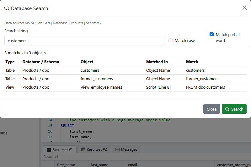 The Database Search dialog with the search string customer and a list of matching tables, columns, and procedures.