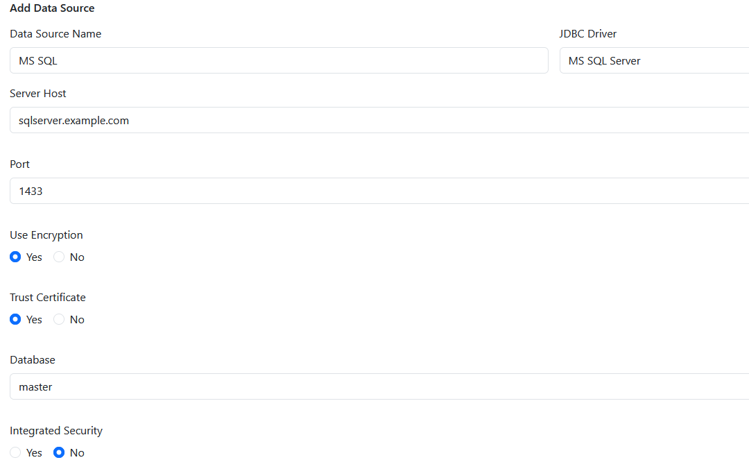 The Add Data Source form filled in for a sample database.
