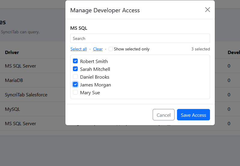 The Manage Developer Access dialog for a data source.
