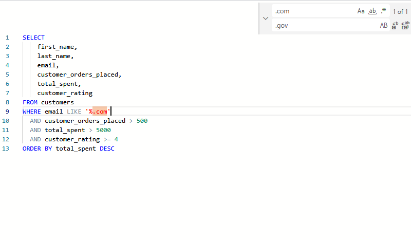 The find and replace box in the SQL editor.