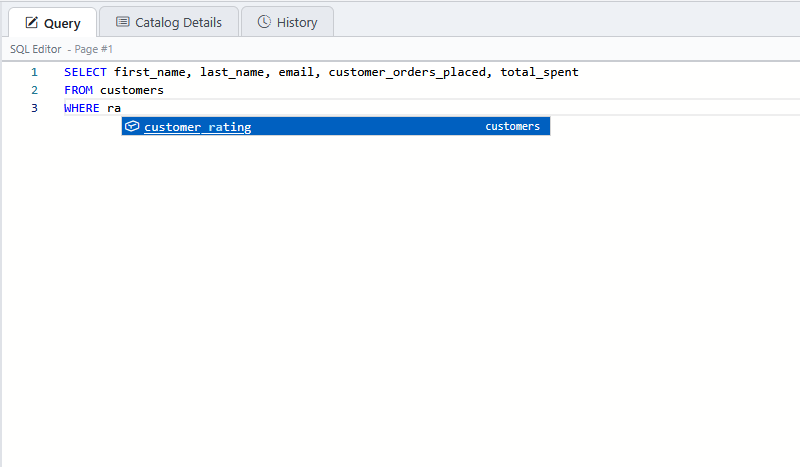 IntelliSense suggesting column names in the SQL editor.