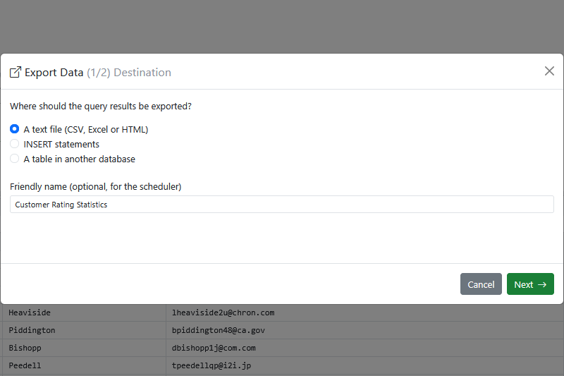 The first page of the Export wizard, where you choose the export destination.