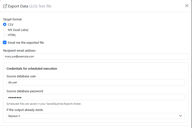 Export wizard options for a text file.