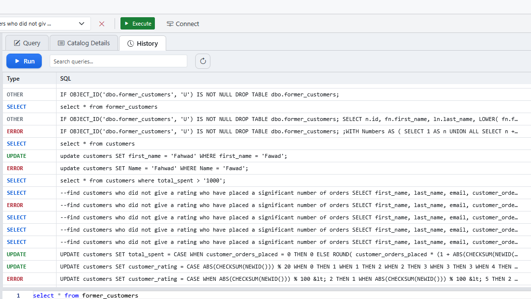 The History tab with a list of earlier queries and the selected query's SQL.