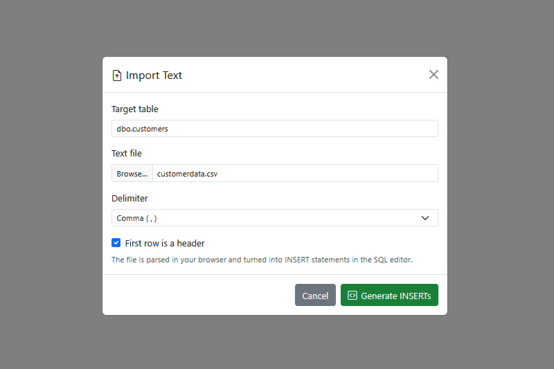 The Import Text dialog for loading a text file into a table.