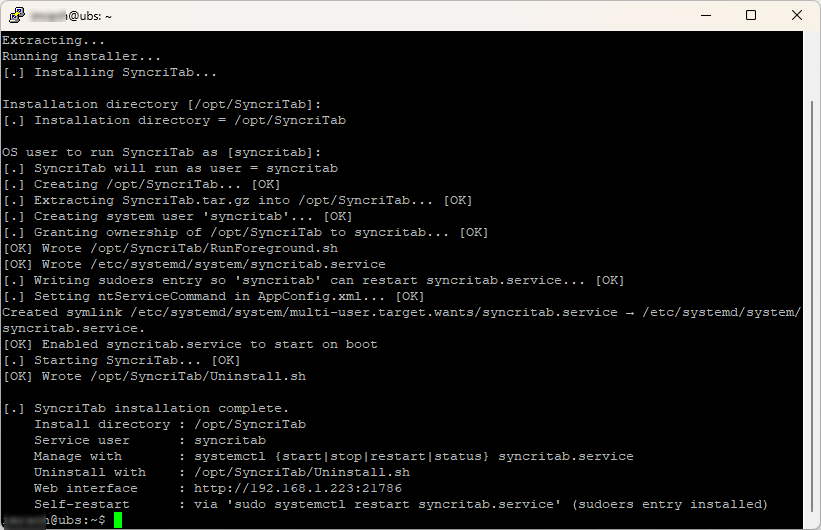 Terminal output from the SyncriTab Linux installer, ending with the installation summary.