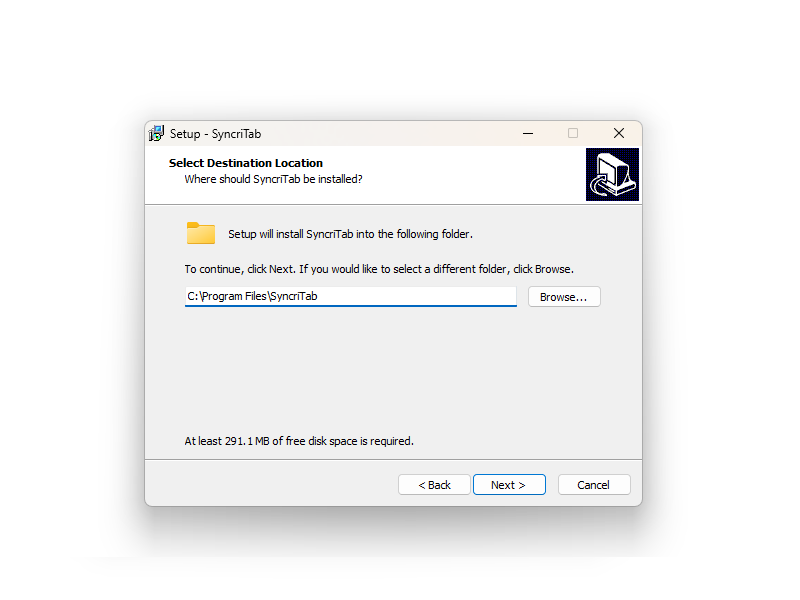 The SyncriTab setup program on Windows.