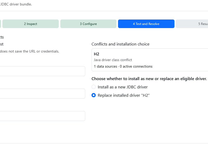 The optional connection test and the conflicts and installation choice section.
