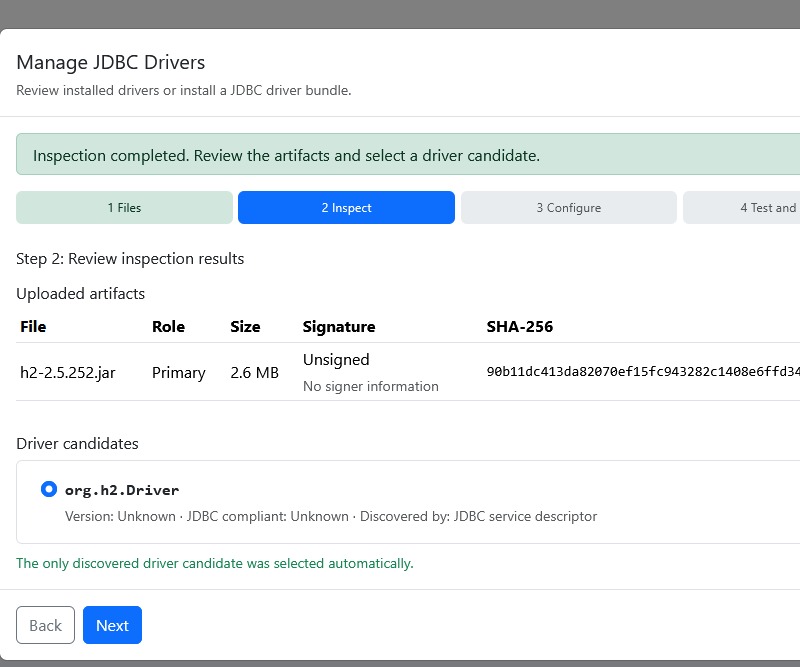 The results of inspecting an uploaded driver: artifacts, warnings, driver candidates, and URL placeholders.