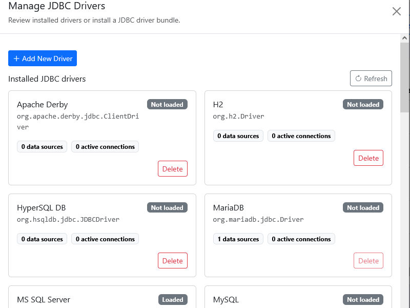 The Manage JDBC Drivers dialog listing installed drivers.