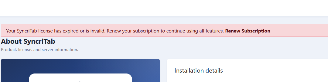 The red license banner at the top of the page, with a Renew Subscription link.