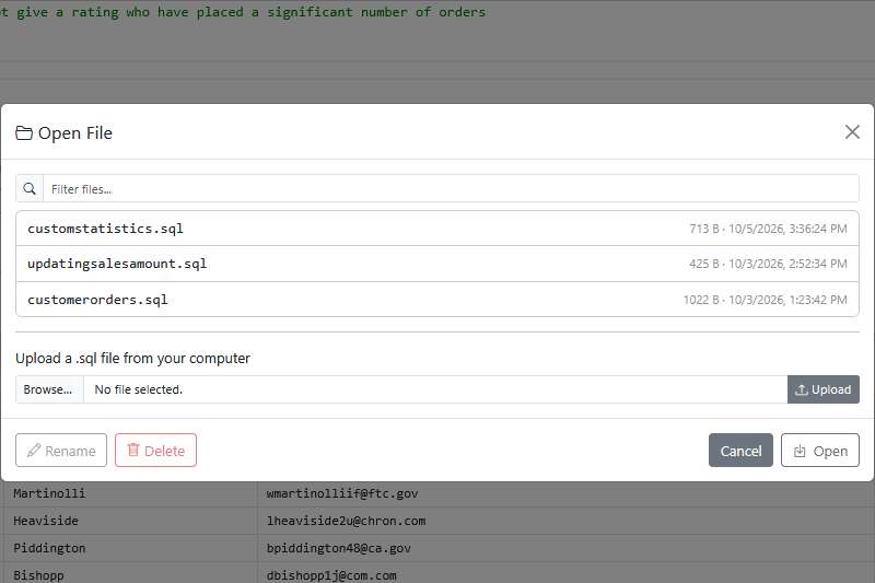 The Open File dialog listing saved scripts, with an upload section.