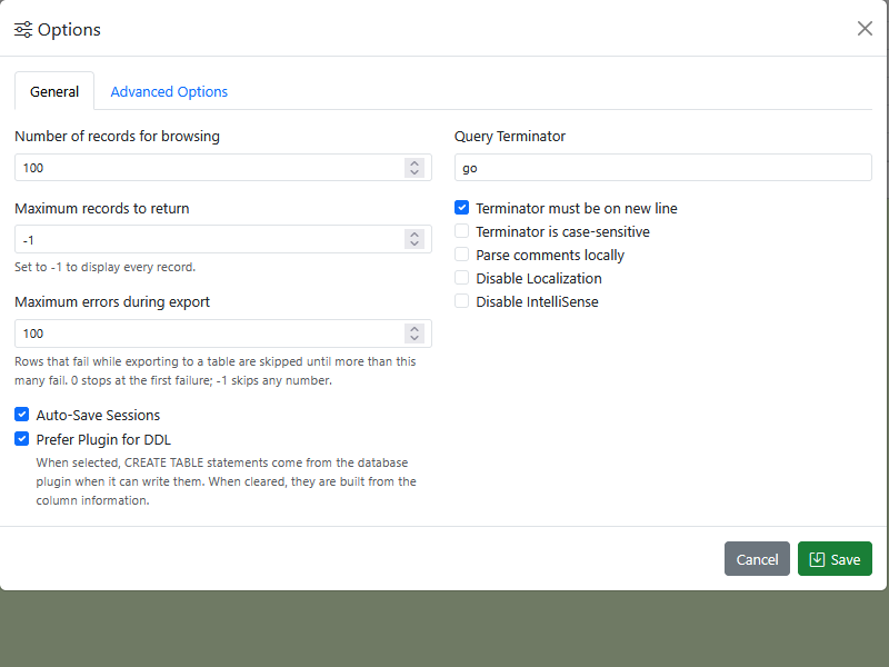 The General tab of the Options dialog, with the row limits, query terminator settings, Auto-Save Sessions, and Disable IntelliSense.