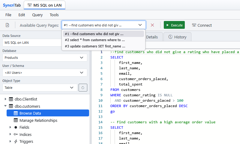 The query page drop-down in the toolbar.