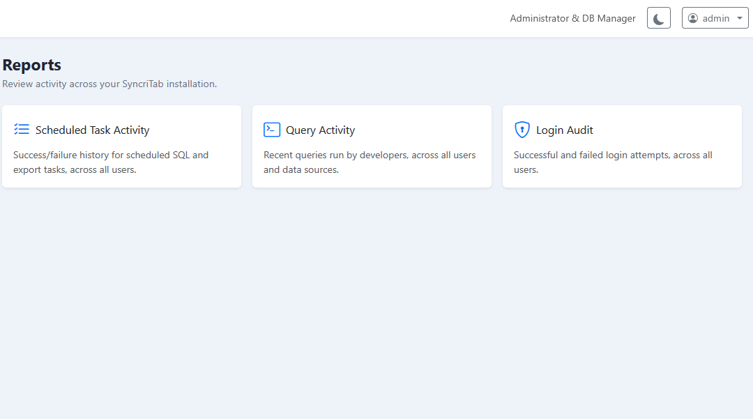 The Reports page listing the available reports.