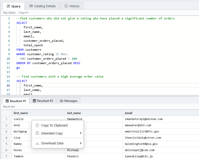The right-click menu in the results grid.
