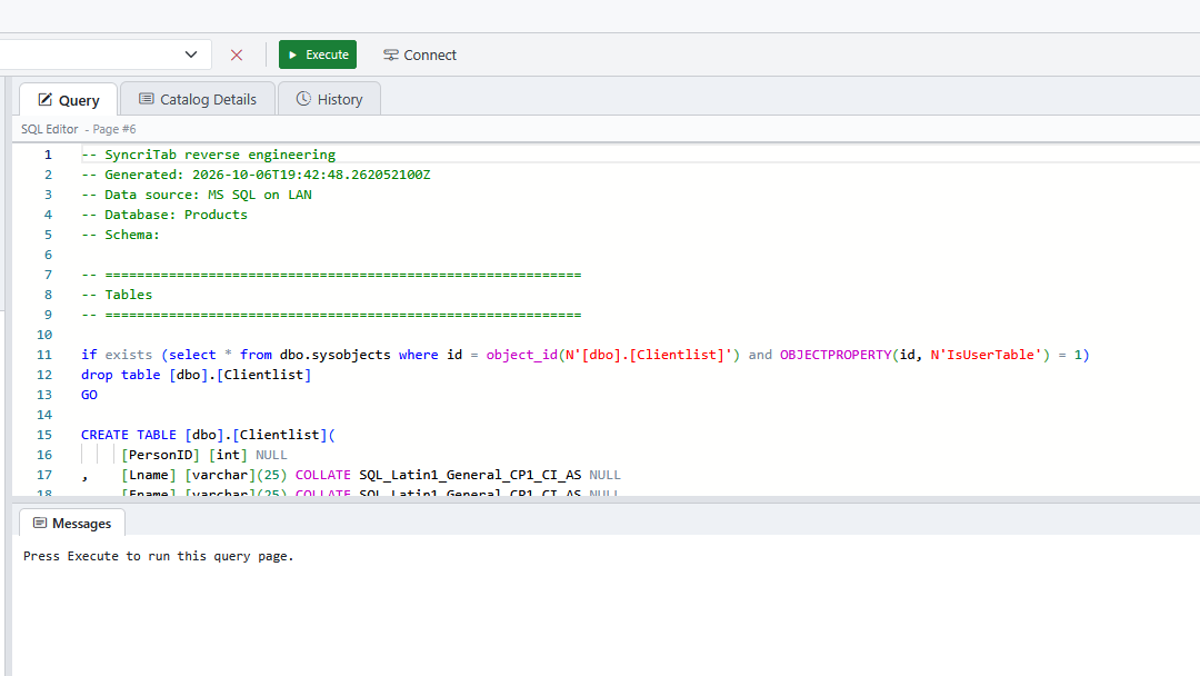 A generated script open in a query page: header comments, then CREATE TABLE statements separated by go.