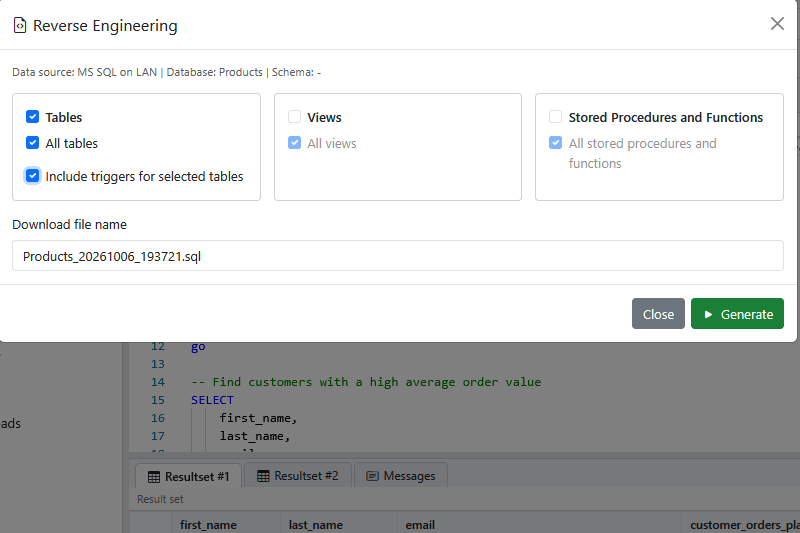 The Reverse Engineering dialog with Tables selected, a few tables chosen from the list, Include triggers for selected tables selected, and the Download file name box.