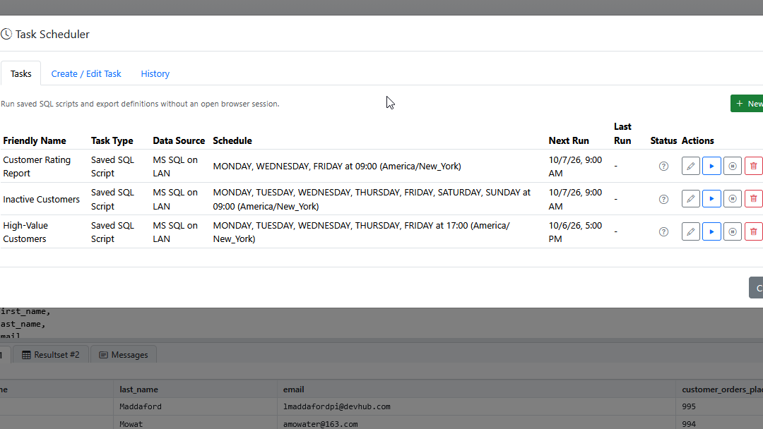 The Tasks tab of the Task Scheduler, listing a SQL script task and an export task with their schedules, next and last run times, and status icons.