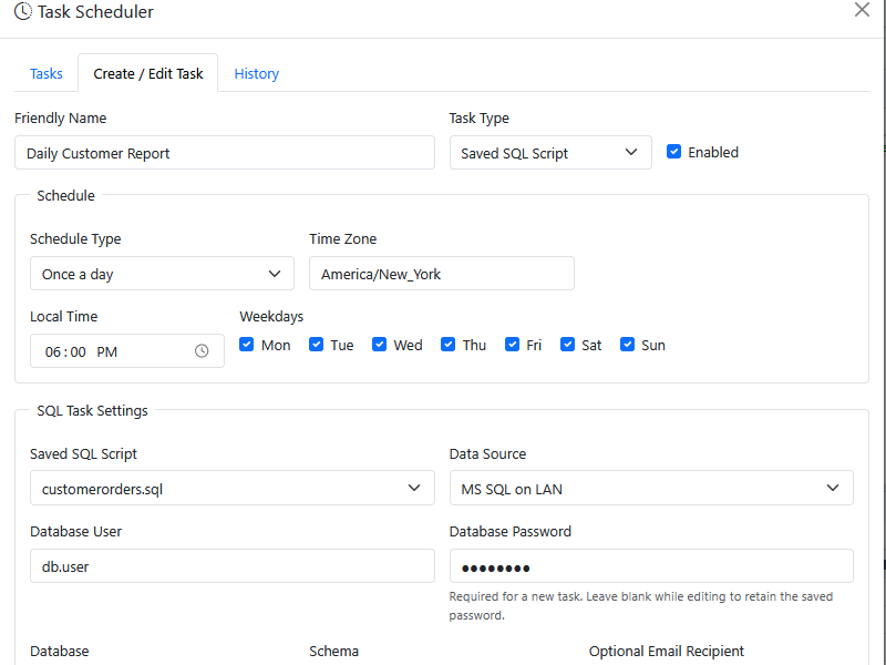 The Create / Edit Task tab with a saved SQL script task scheduled once a day at 06:00 on weekdays.