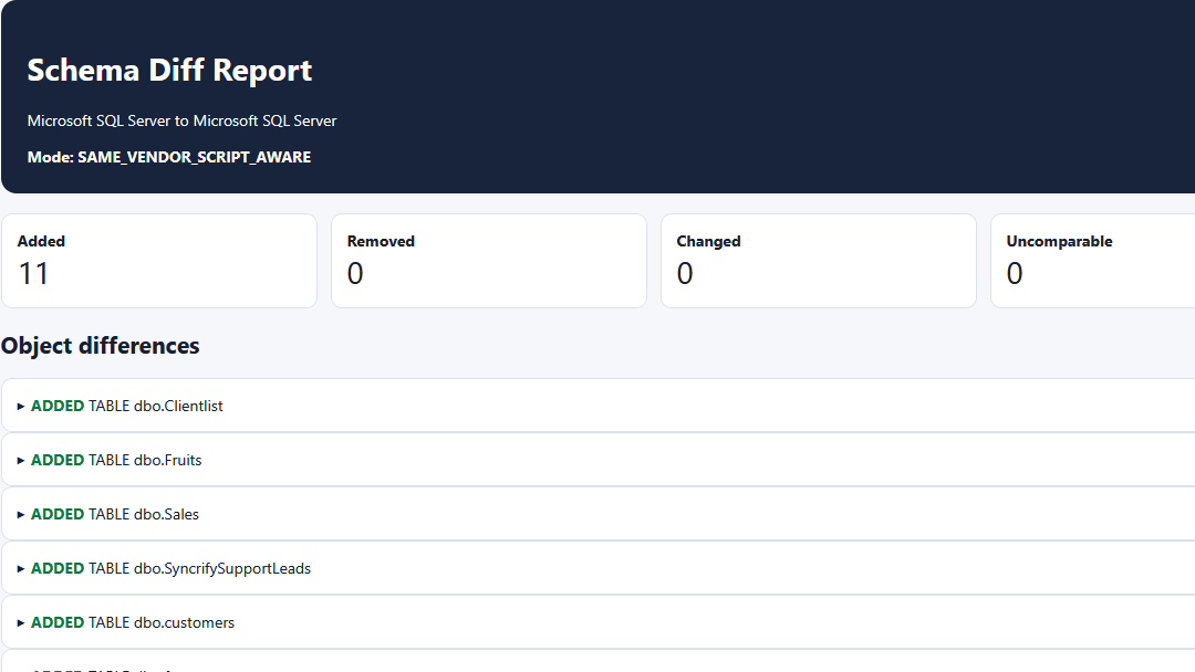 A Schema Diff report with summary counts and a list of changed objects.