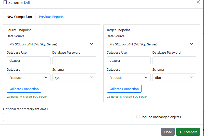 The New Comparison tab of the Schema Diff dialog, with source and target endpoints validated.
