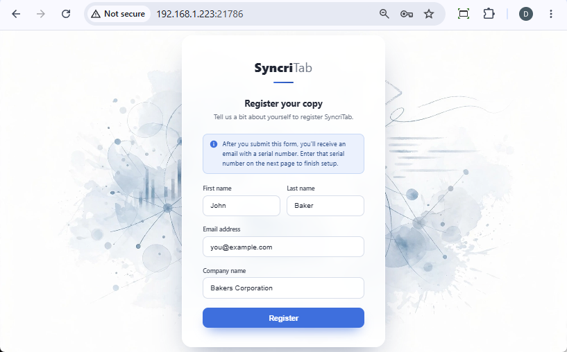 The Register your copy page with first name, last name, email address, and company name fields.