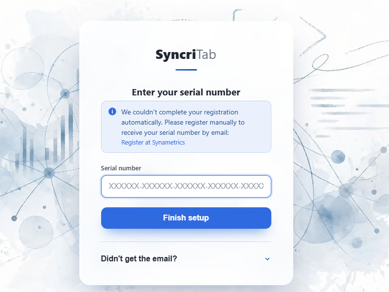 The serial number page with the message that registration could not be completed automatically and the Register at Synametrics link.