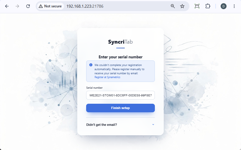 The Enter your serial number page, including the Didn't get the email section.