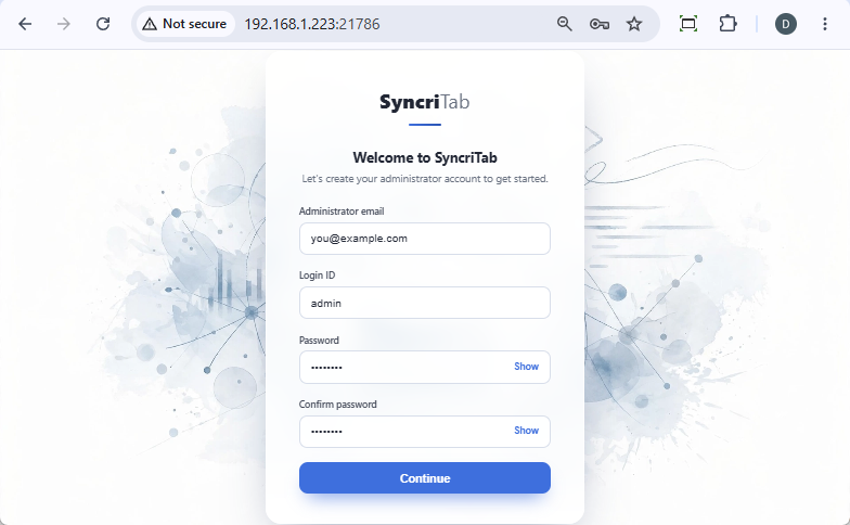 The Welcome to SyncriTab page with fields for the administrator email, login ID, password, and password confirmation.