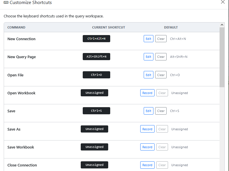 The Customize Shortcuts dialog listing commands with their current and default shortcuts, with one row recording a new shortcut.