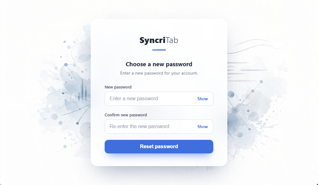 The Choose a new password page with fields for the new password and its confirmation.