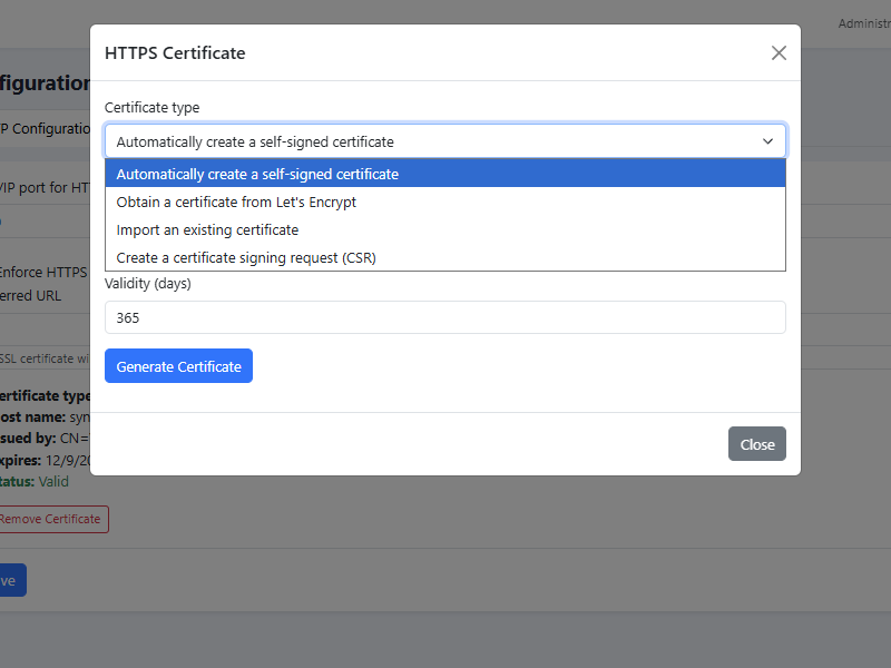 The HTTPS Certificate dialog showing the four certificate types.