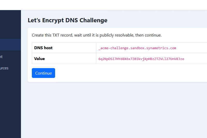 The Let's Encrypt DNS step showing the TXT record to create.