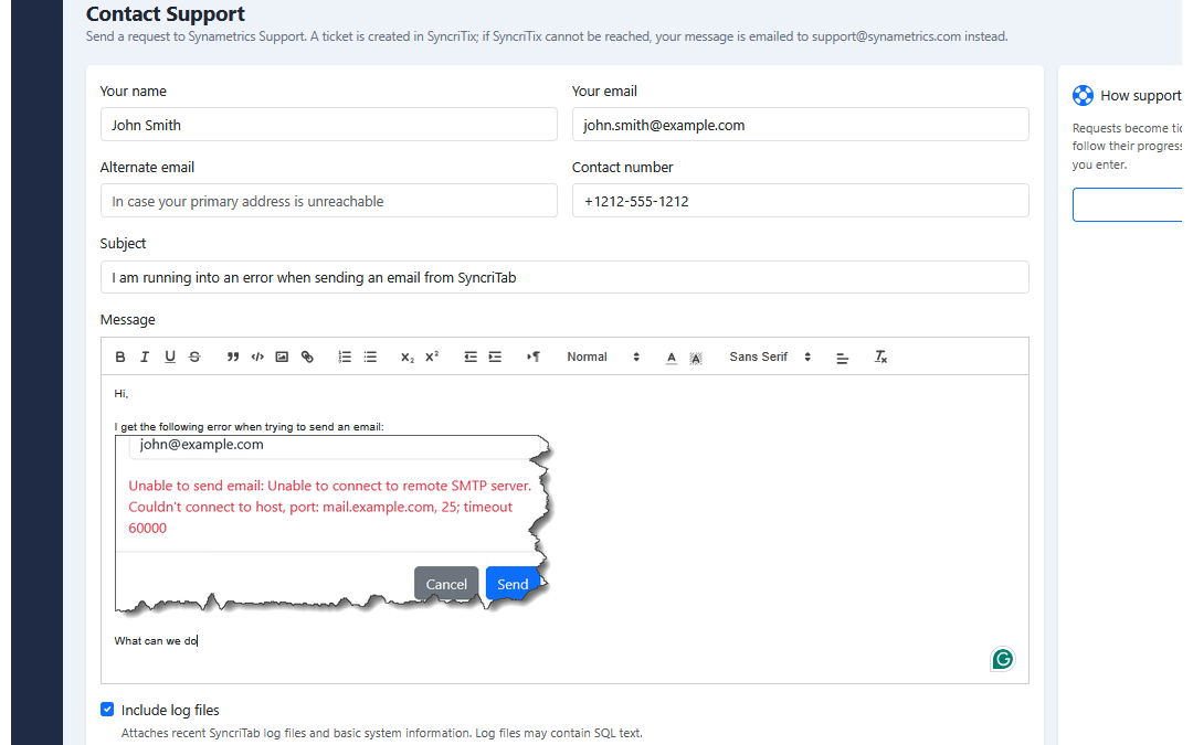 The Contact Support page with a subject and message filled in, Include log files selected, the How support works panel, and the Previous Tickets list.